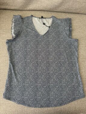 Adrianna Papell Navy and White Dot V-Neck Ruffle Sleeve Camisole